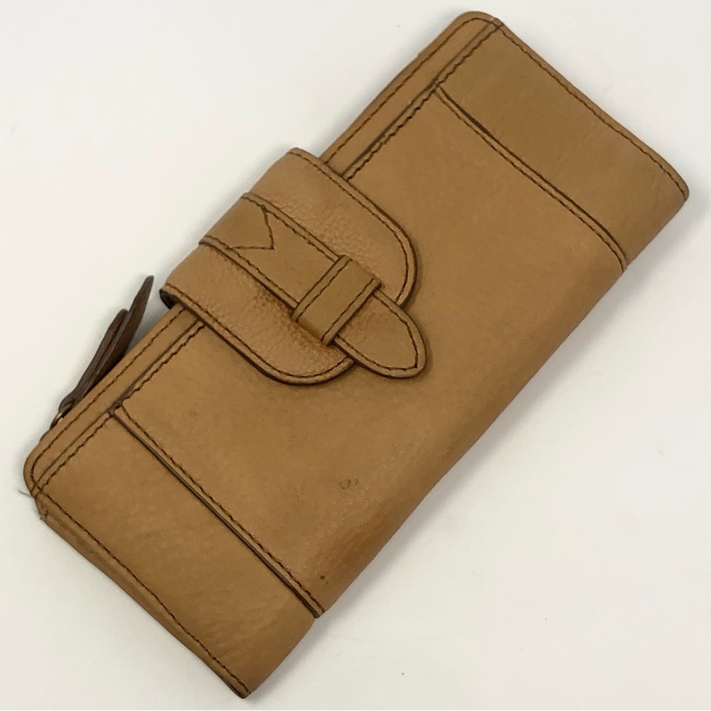 Fossil Wallet Tate Clutch Light Tan Cowhide Leather Teal Polka Dot Interior
